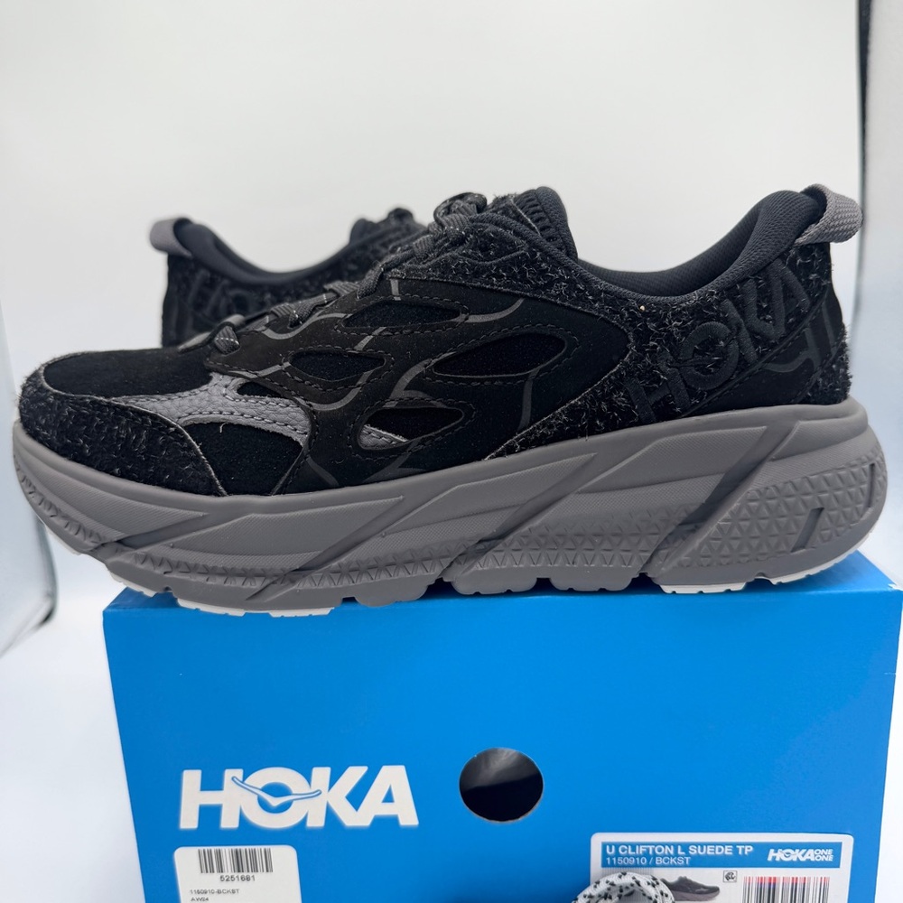 NWT Hoka Clifton Elite Terrain System L Suede Leather All Black Unisex Sneakers - Picture 15 of 16